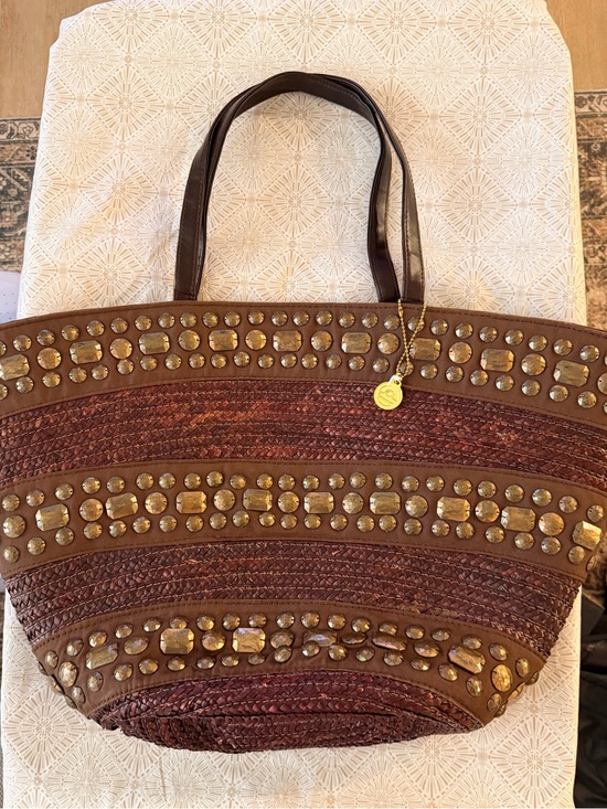 Handbags - Woven Straw Tote Bag with Gold Stud Accents - Brown